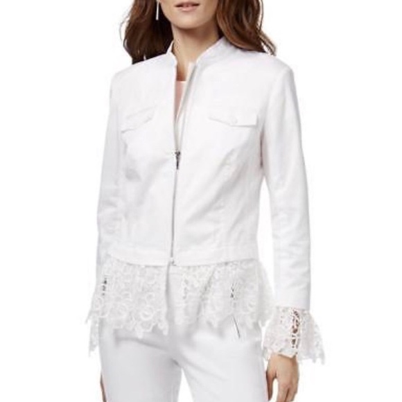 INC International Concepts White Zip  Jacket Lace Trim Excellent Size XS - Picture 1 of 7